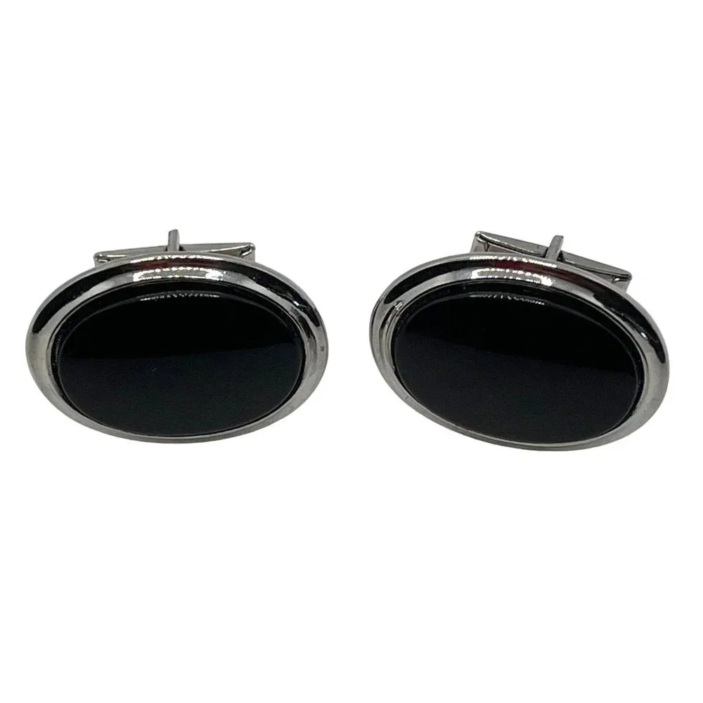 Vintage Silver-Tone Cufflinks Large Oval Black Center